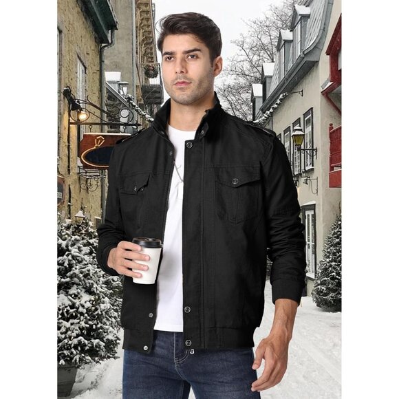 Men's Black Winter Cargo Fleece Sherpa Lined Casual Windproof Bomber Jacket - Picture 6 of 6